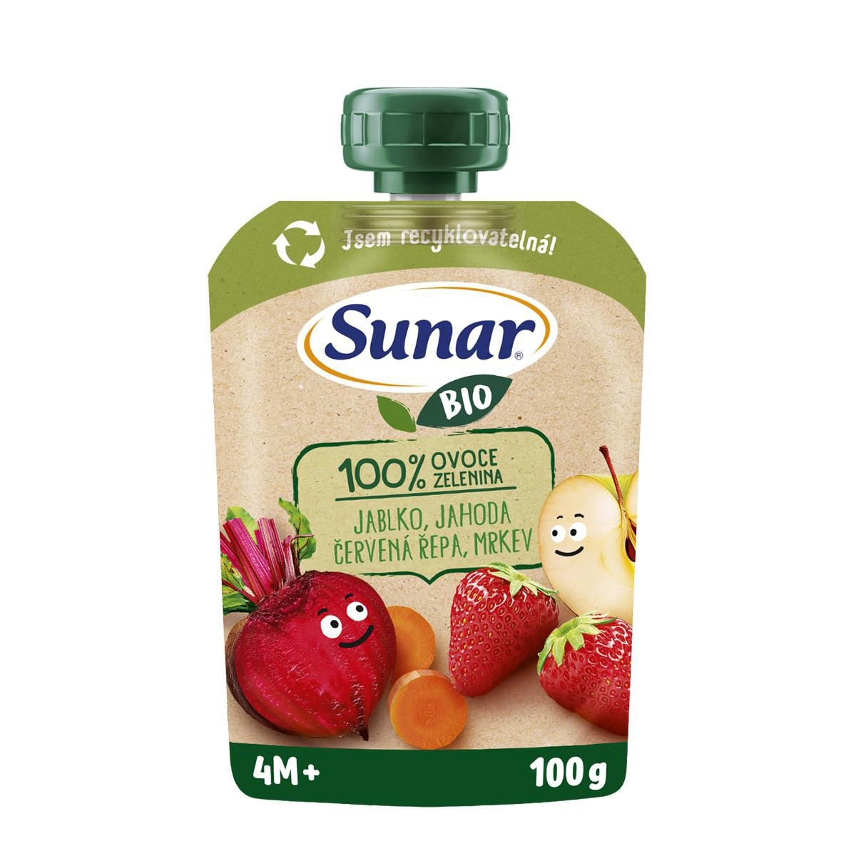 Svět dětí - Sunar BIO ovocno-zeleninová kapsička jablko, jahoda, červená řepa, mrkev 4m+, 100g