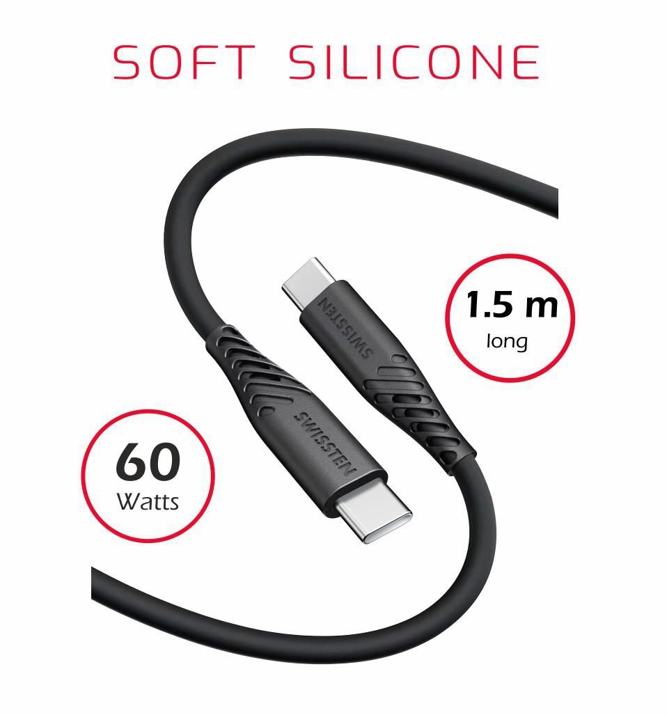 Elektro - Swissten Datový kabel SOFT SILICONE USB-C / USB-C 1,5 M 60W černý