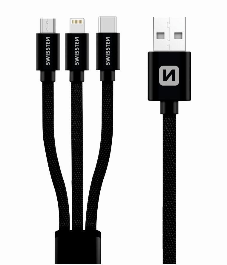 Elektro - Swissten Datový kabel TEXTILE 3in1 MFi 1,2 M černý