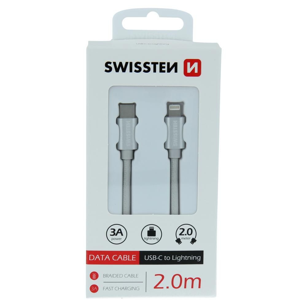 Elektro - Swissten Datový kabel TEXTILE USB-C / LIGHTNING 2,0 M stříbrný