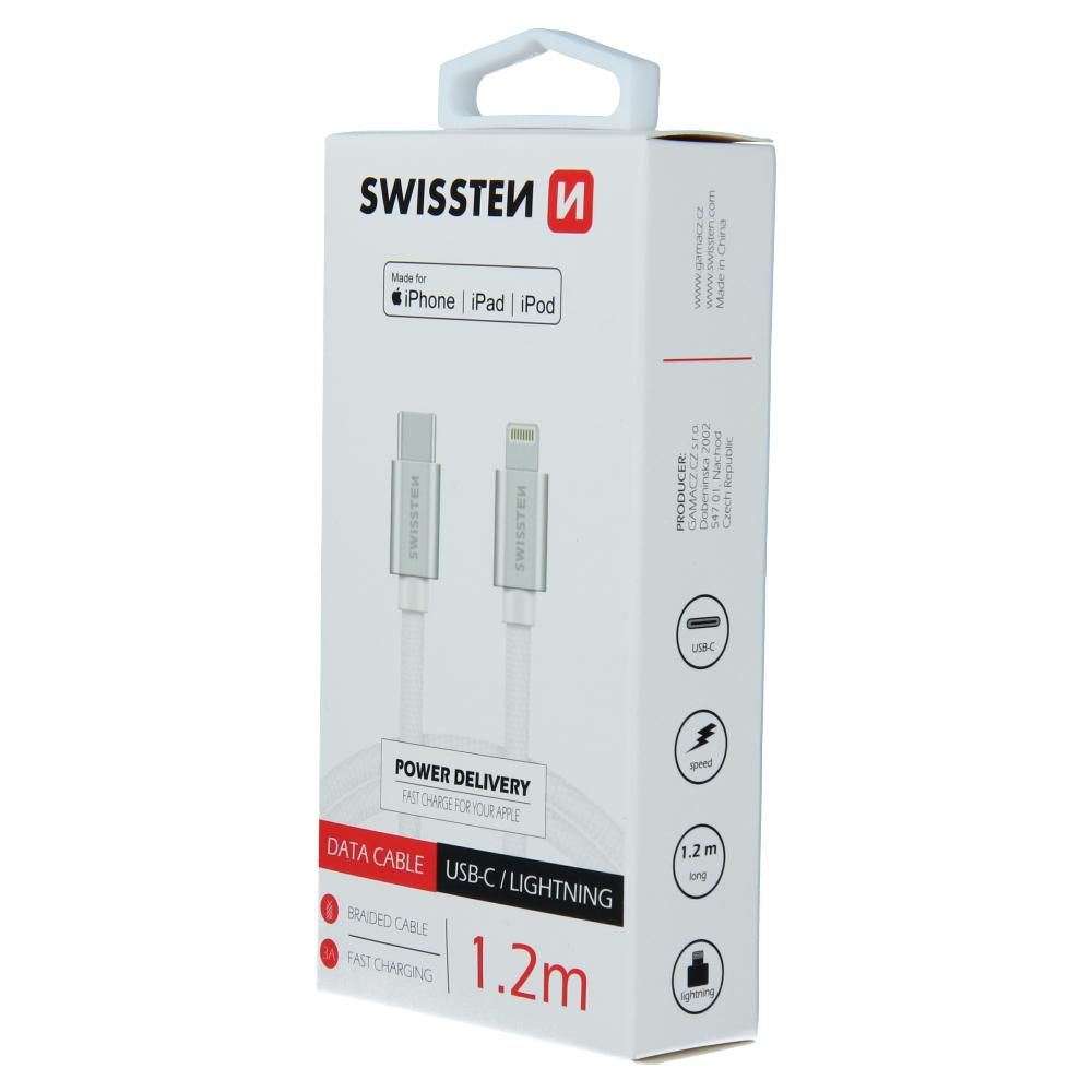 Elektro - Swissten Datový kabel TEXTILE USB-C / LIGHTNING MFi 1,2 M stříbrný