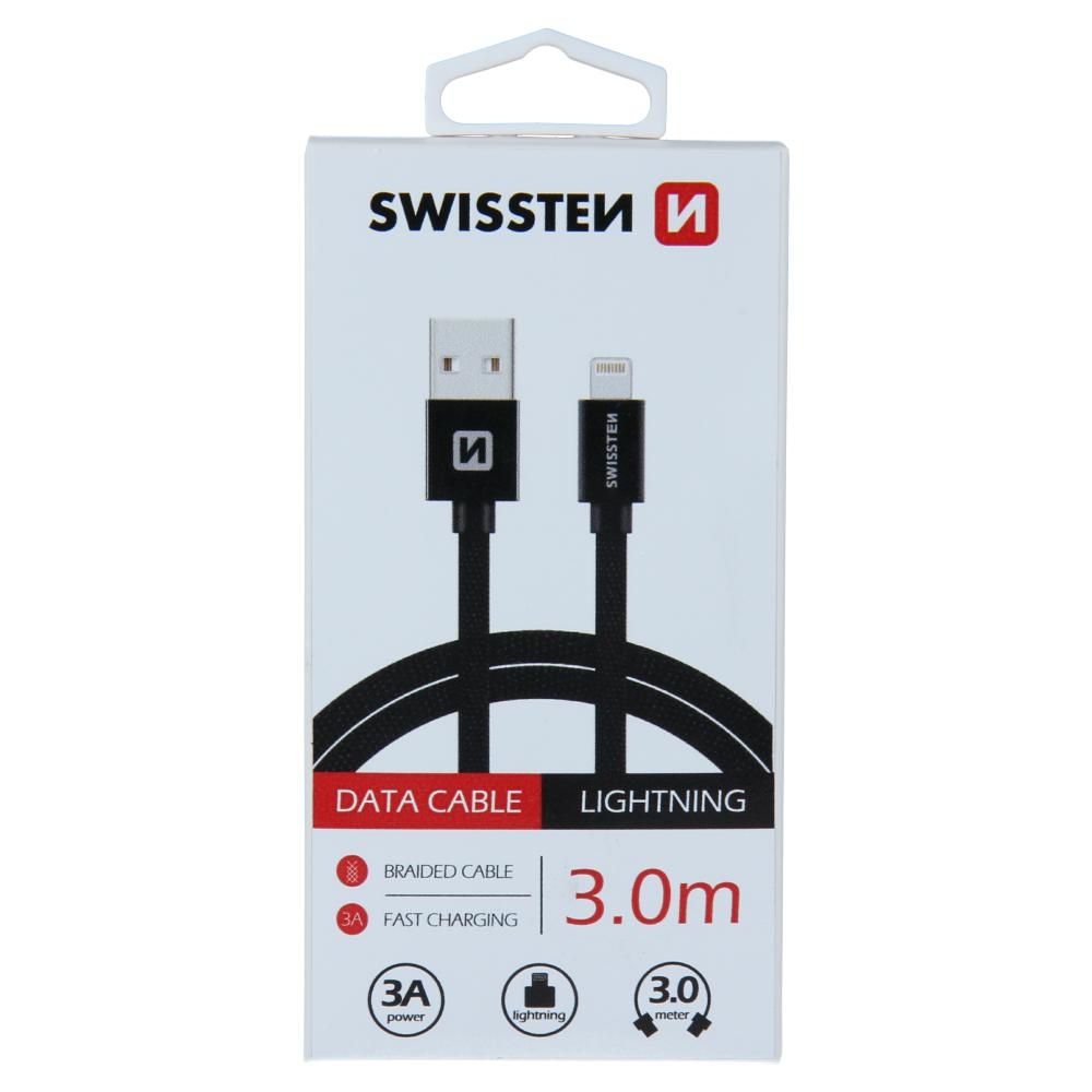Elektro - Swissten Datový kabel Textile USB / Lightning 3,0m černý