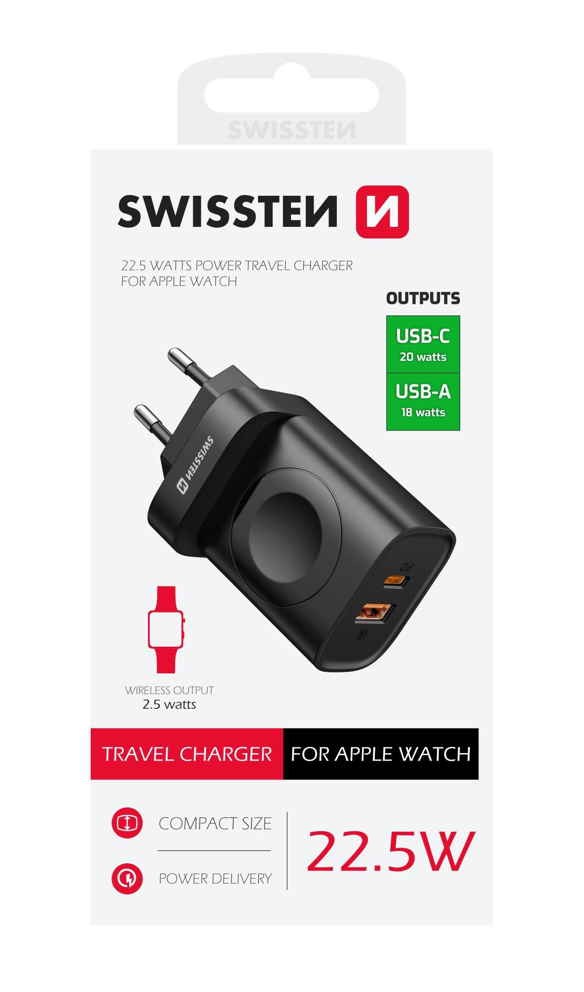 Elektro - Swissten Síťový adaptér 1xUSB-A, 1xUSB-C a Apple Watch
