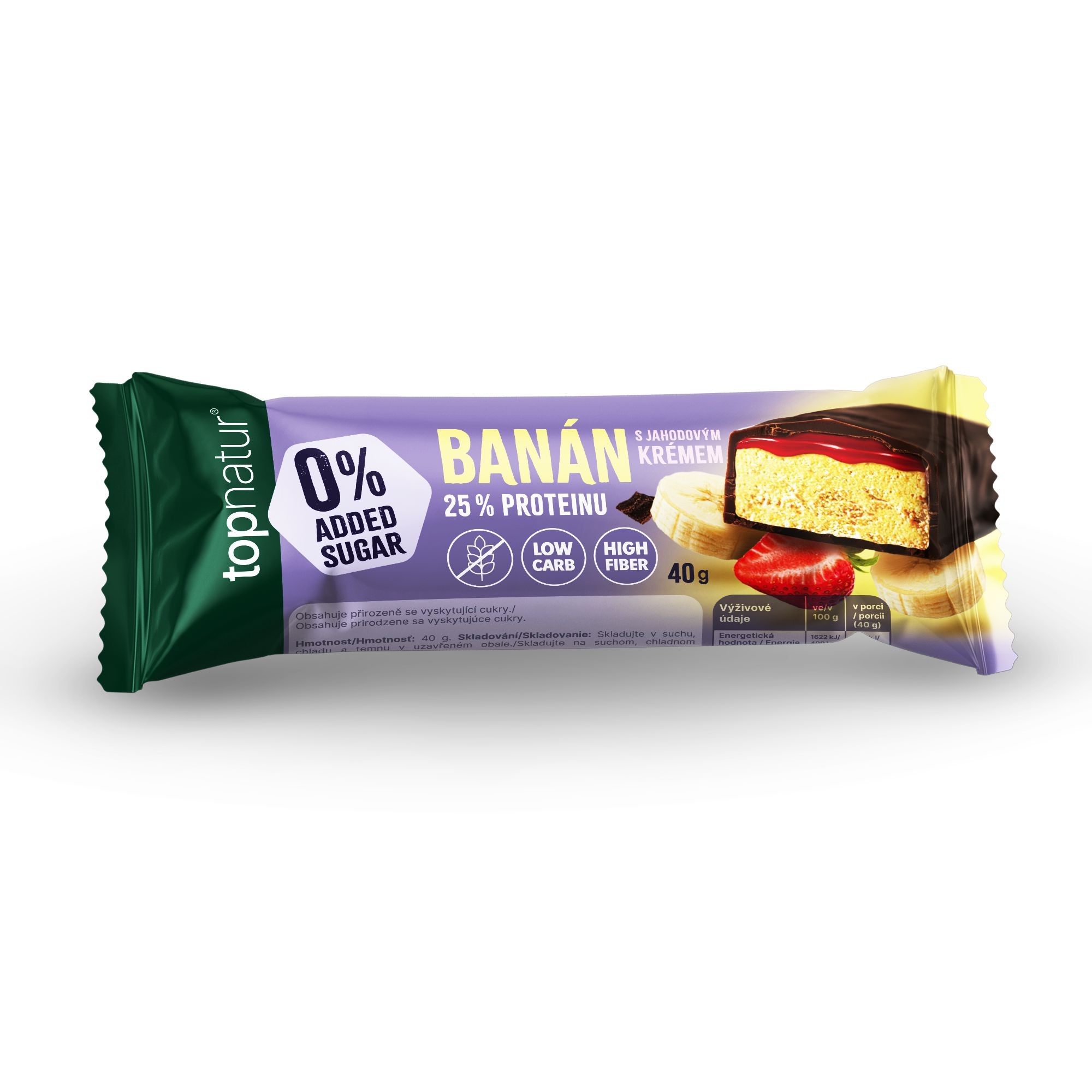 Zdravý svět - Topnatur 0% Sugar protein tyčinka - Banán s jahodovým krémem 40g.