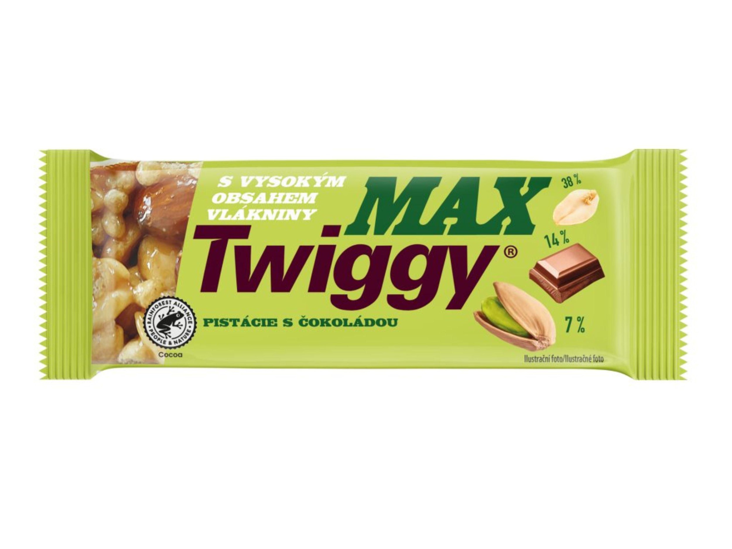 Trvanlivé potraviny - Twiggy MAX s pistáciemi polomáčená v hořké čokoládě 35g