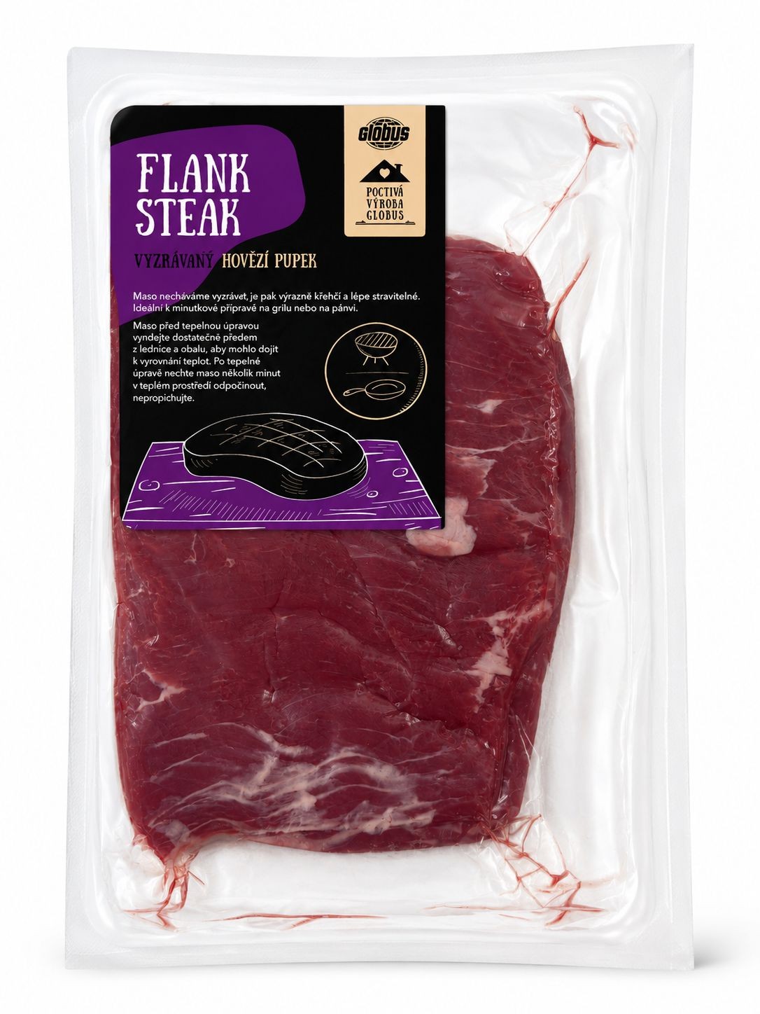 Vakuovaný FLANK STEAK, Hovězí pupek vyzrávaný Globus - ca. 420 g