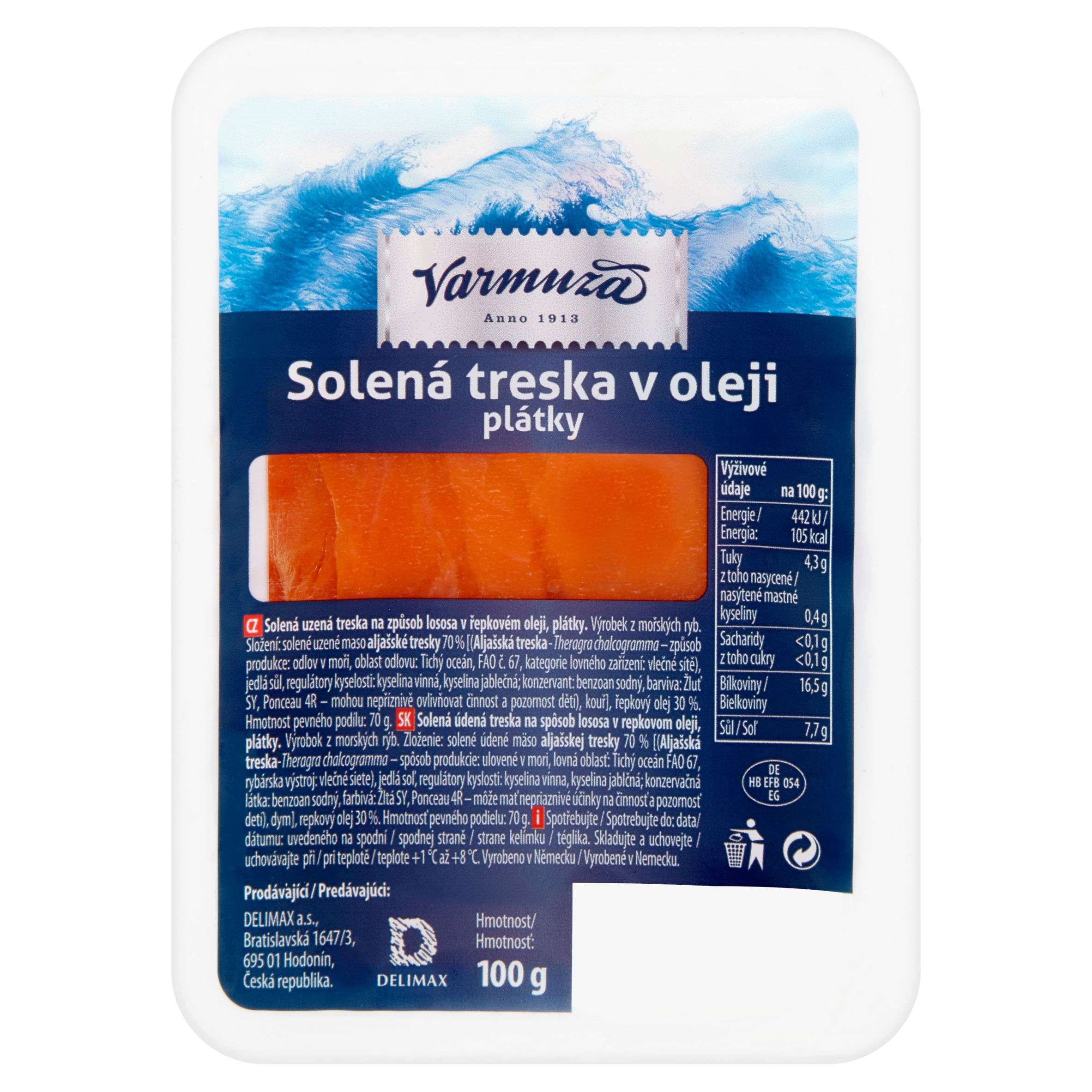 Uzeniny a lahůdky - Varmuža Solená treska v oleji plátky 100 g