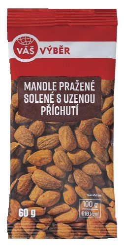 Trvanlivé potraviny - Váš Výběr Mandle pražené solené s uzenou příchutí 60g