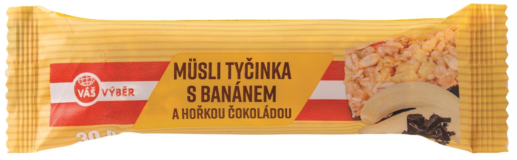 Trvanlivé potraviny - Váš Výběr Müsli tyčinka s banánem v polevě z hořké čokolády 30g