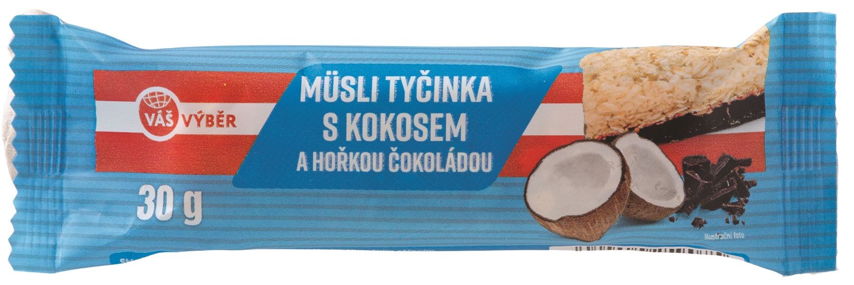 Trvanlivé potraviny - Váš Výběr Müsli tyčinka s kokosem polomáčená v hořké čokoládě 30g