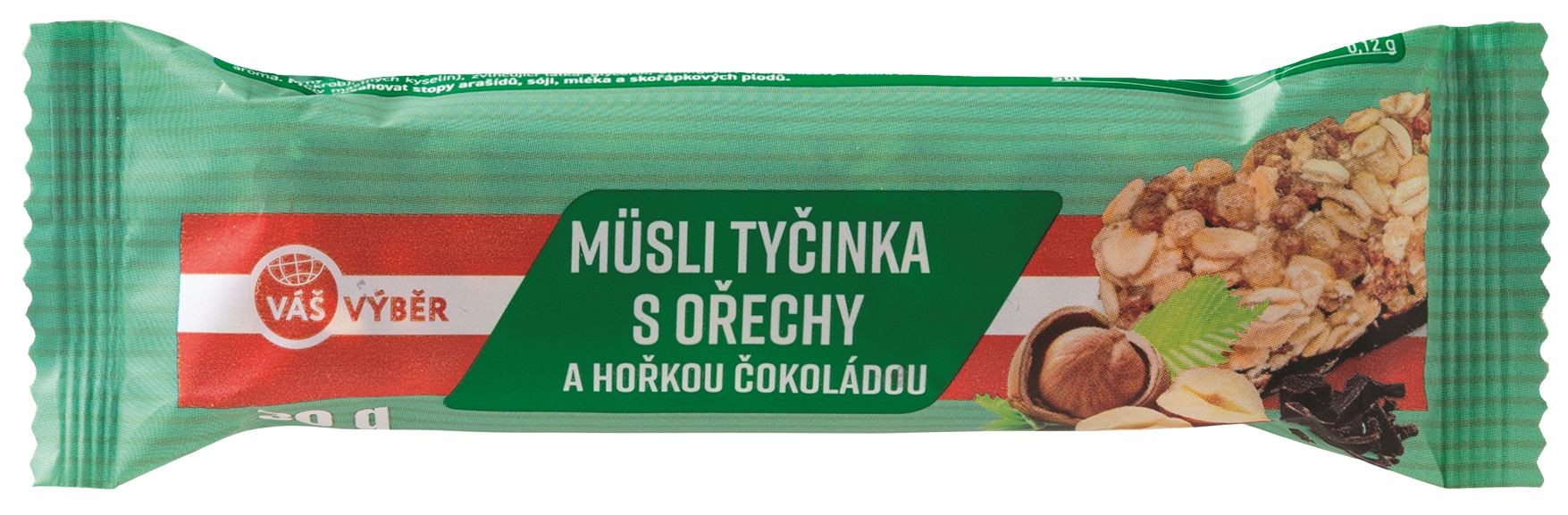 Trvanlivé potraviny - Váš Výběr Müsli tyčinka s ořechy polomáčená v hořké čokoládě 30g