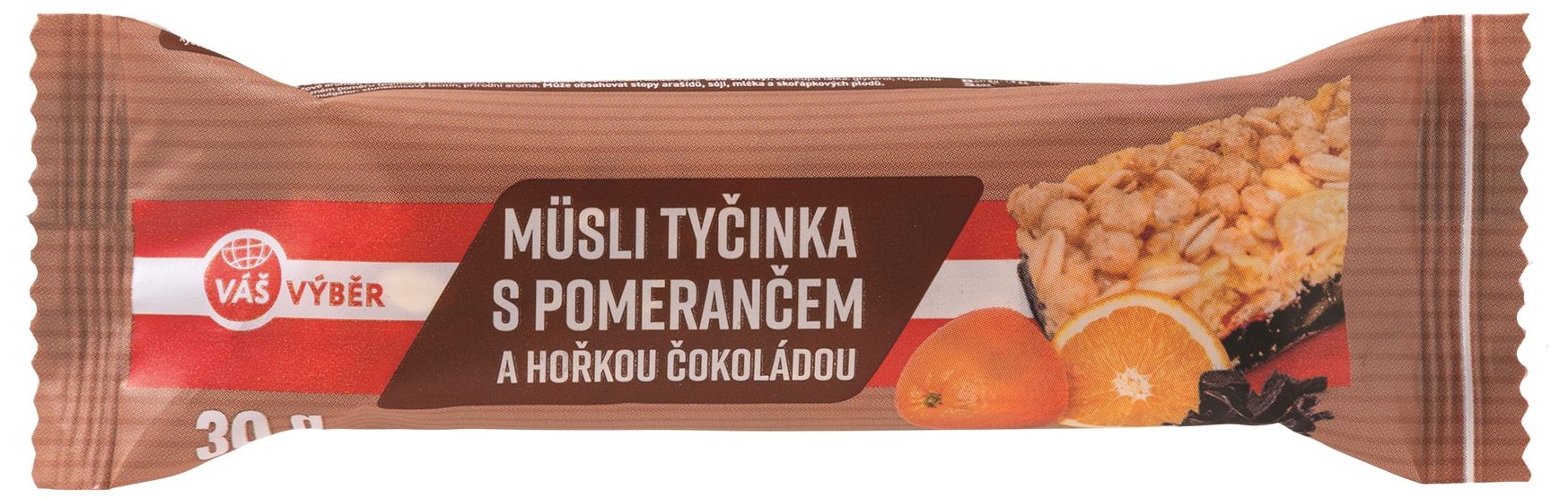 Trvanlivé potraviny - Váš Výběr Müsli tyčinka s pomerančem polomáčená v hořké čokoládě 30g
