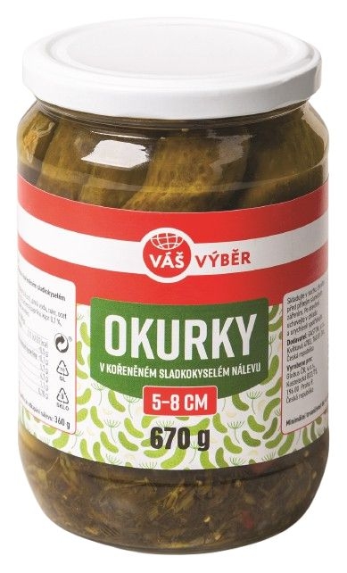 Trvanlivé potraviny - Váš Výběr Okurky (5-8cm) v kořeněném sladkokyselém nálevu 670g