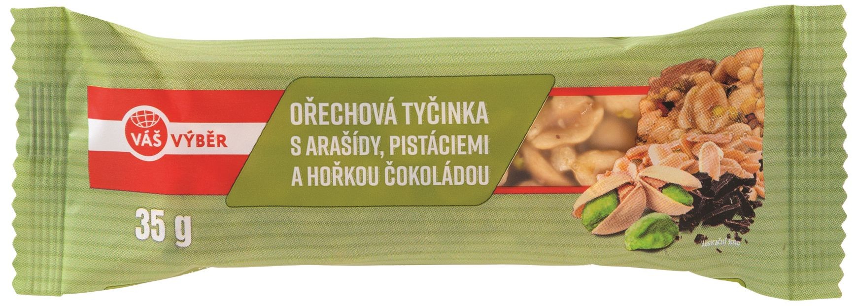 Trvanlivé potraviny - Váš Výběr Ořechová tyčinka s arašídy a pistáciemi polomáčená v hořké čokoládě 35g