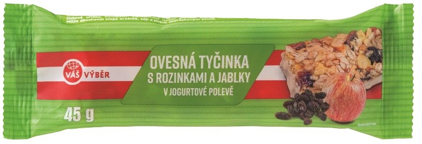 Trvanlivé potraviny - Váš Výběr Ovesná tyčinka s rozinkami a jablky polomáčená v jogurtové polevě 45g