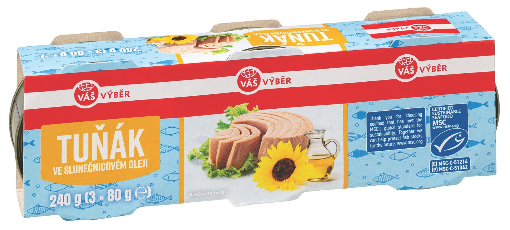 Trvanlivé potraviny - Váš Výběr Tuňák ve slunečnicovém oleji MSC 3 x 80 g