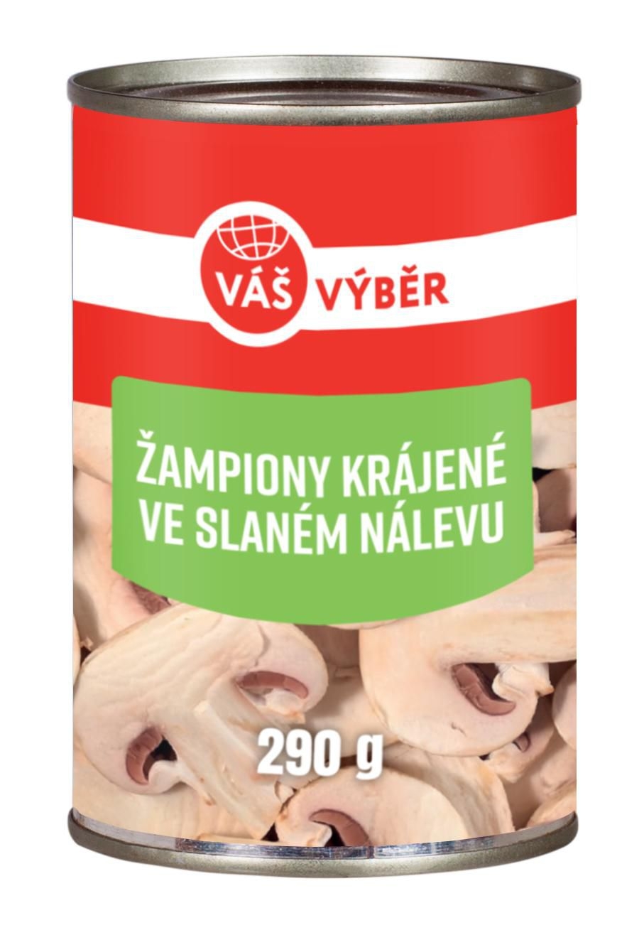 Trvanlivé potraviny - Váš Výběr Žampiony krájené ve slaném nálevu 290g