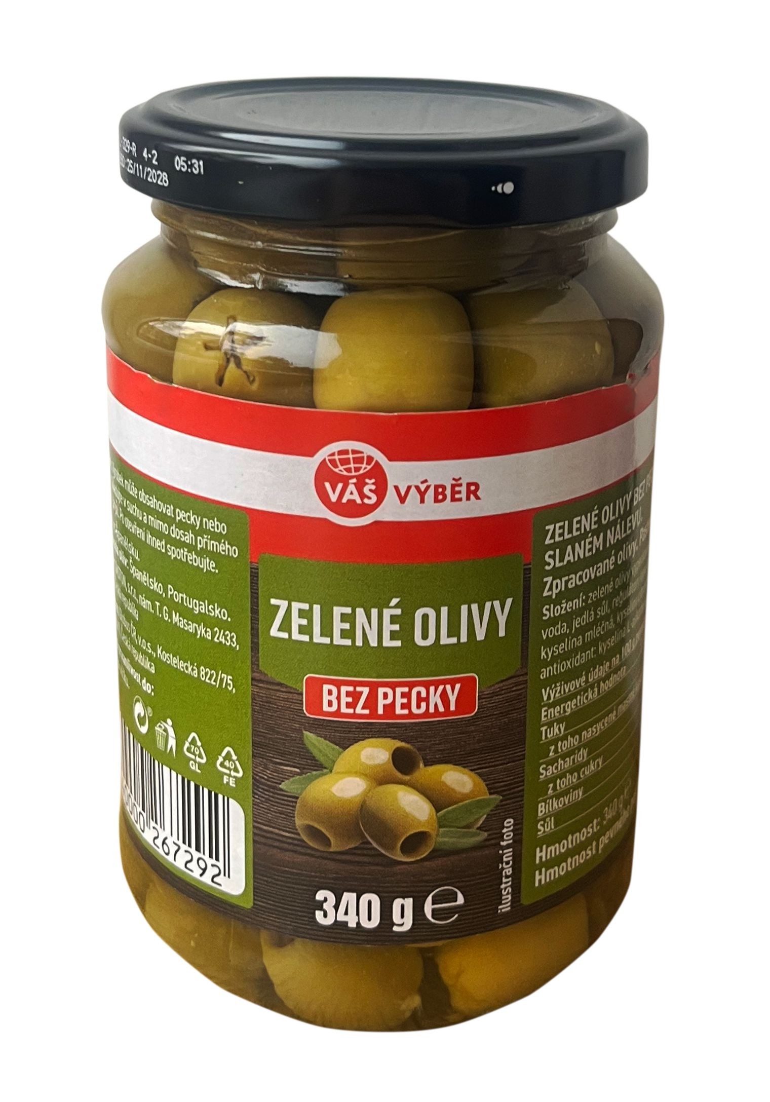 Trvanlivé potraviny - Váš Výběr Zelené olivy bez pecky 340g