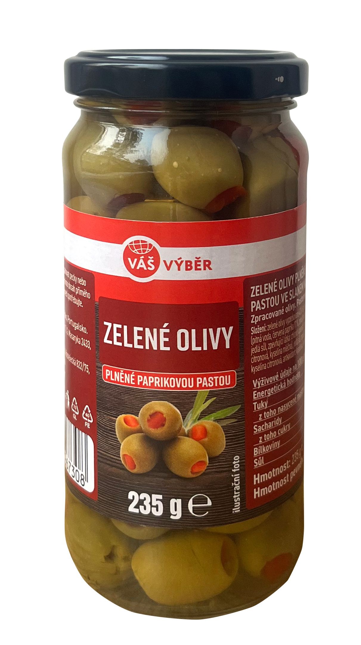 Trvanlivé potraviny - Váš Výběr Zelené olivy plněné paprikovou pastou 235g
