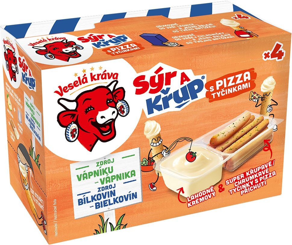 Mléčné a chlazené - Veselá Kráva Sýr a Křup S tyčinkami s pizza příchutí 4x35 g