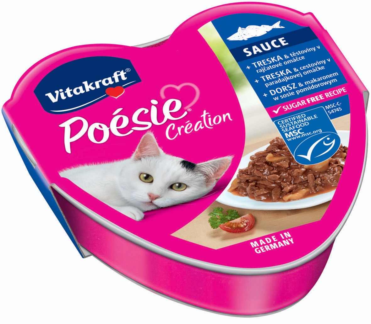 Svět zvířat - Vitakraft Poésie Sauce + treska & těstoviny v rajčatové omáčce 85 g
