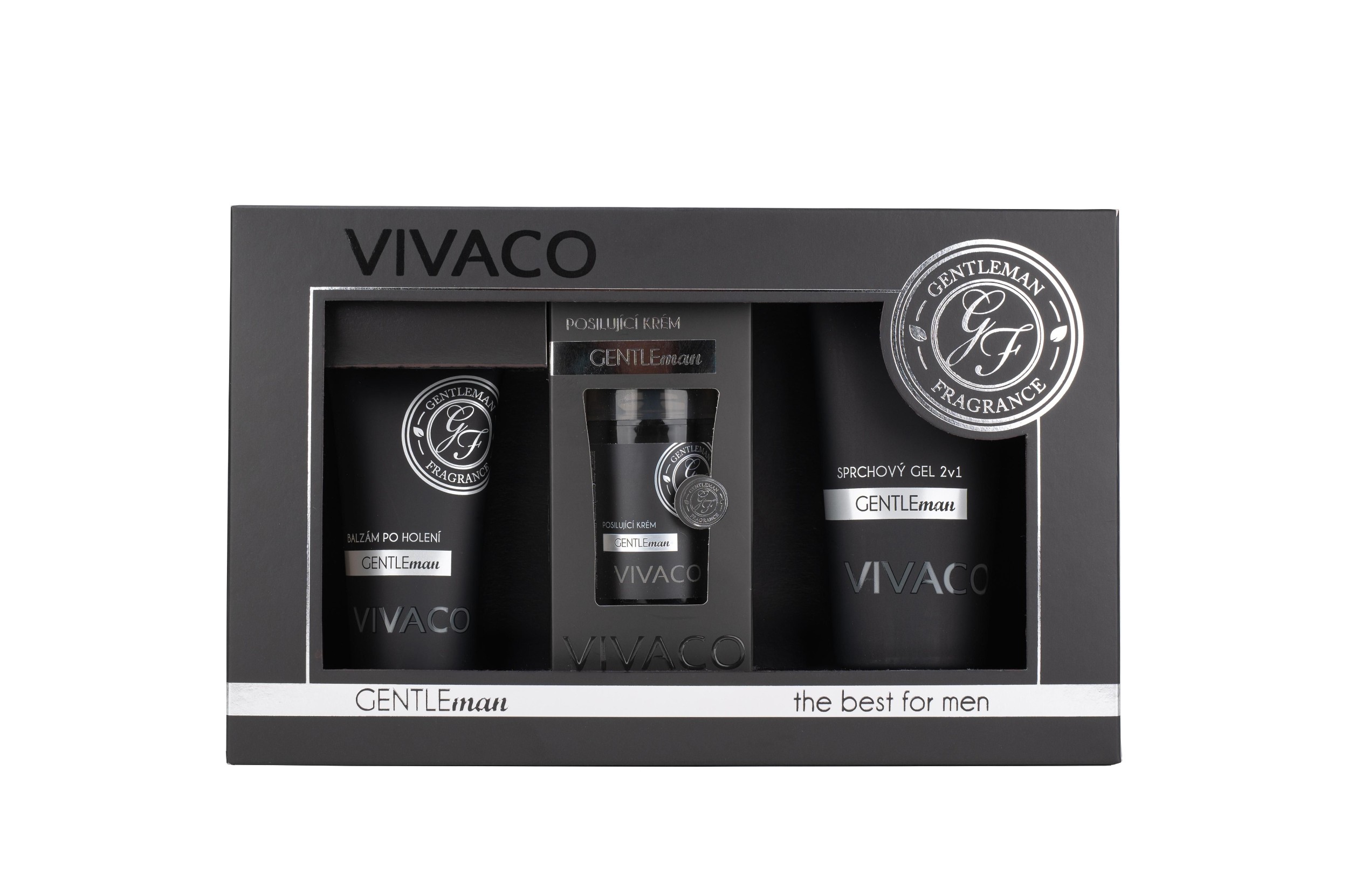 Vivaco Dárková kazeta GENTLEMAN, posilující krém 50 ml + balzám po holení 100 ml + sprchový gel 2v1 200 ml