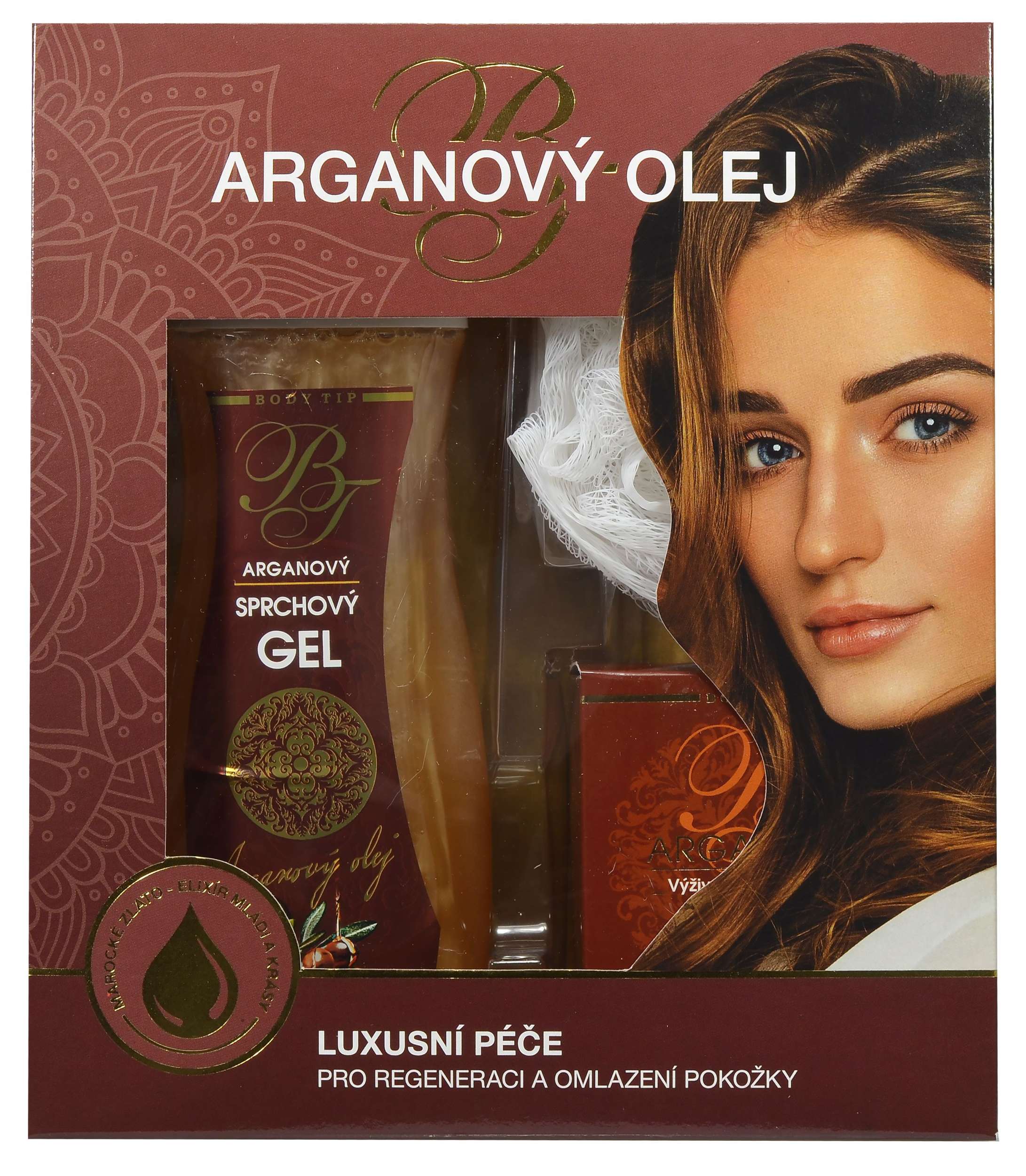 Vivaco Dárková kazeta kosmetiky s arganovým olejem - sprchový gel 300 ml + pleťový krém 50 ml + masážní žíňka
