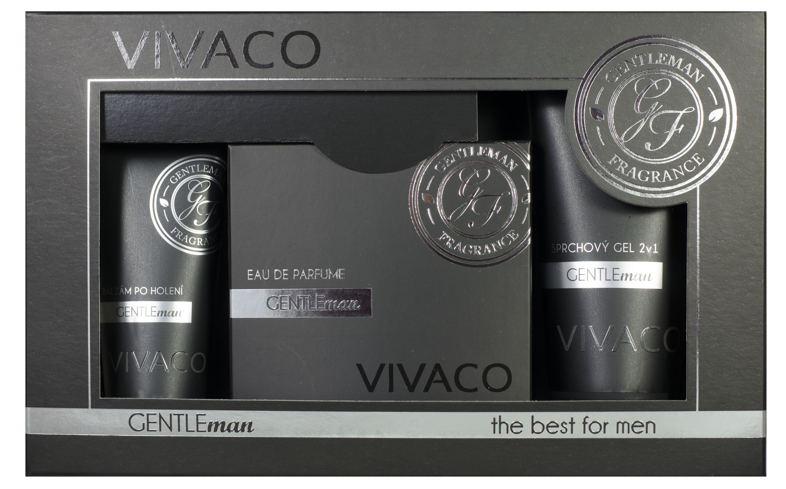 Vivaco Dárková kazeta pánské kosmetiky GENTLEMAN - EDP 50 ml + balzám po holení 100 ml + sprchový gel 2v1 200 ml