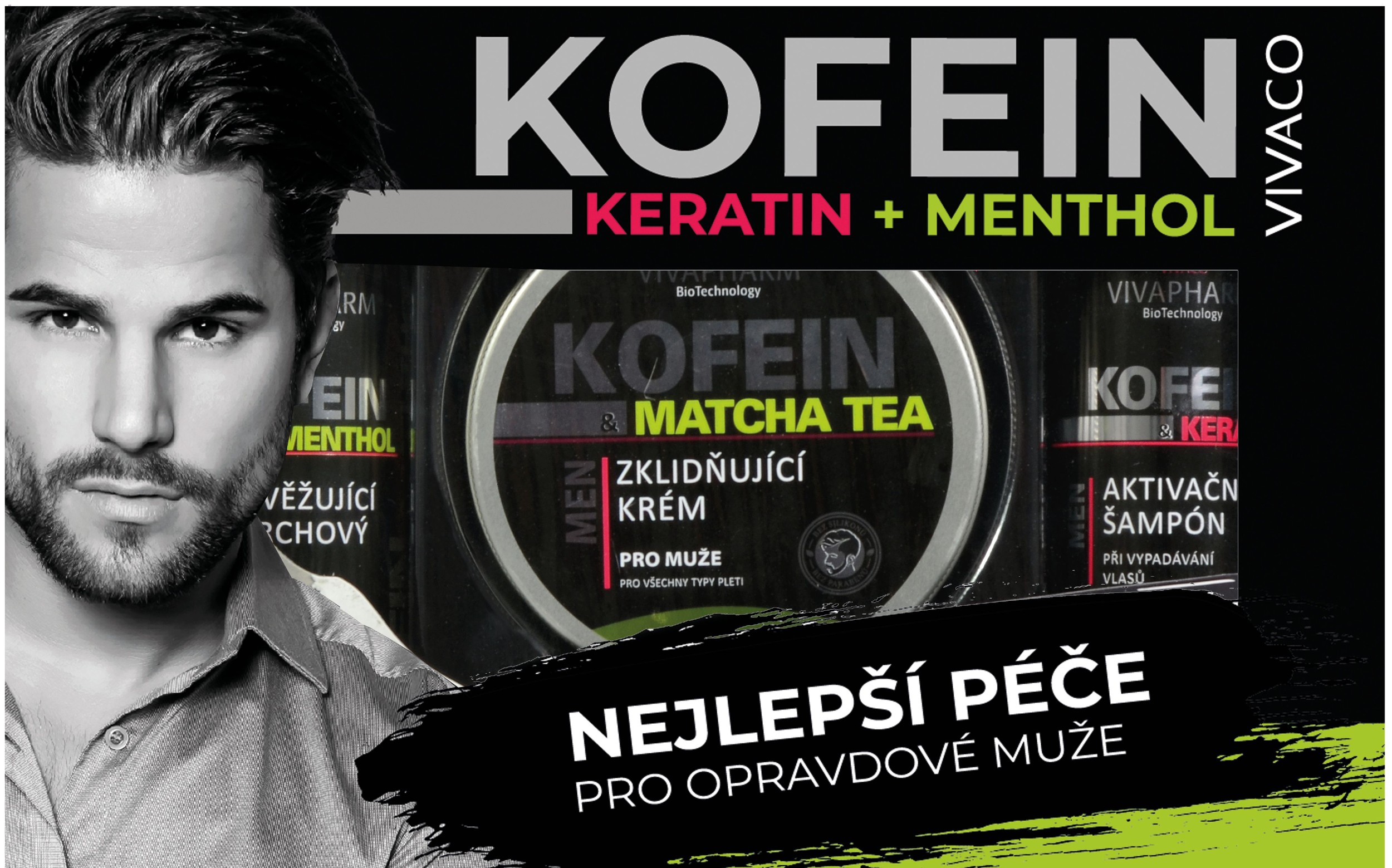 Vivaco Dárková kazeta péče pro muže s kofeinem, šampon na vlasy 200 ml + sprchový gel 200 ml + zklidňující krém 200 ml