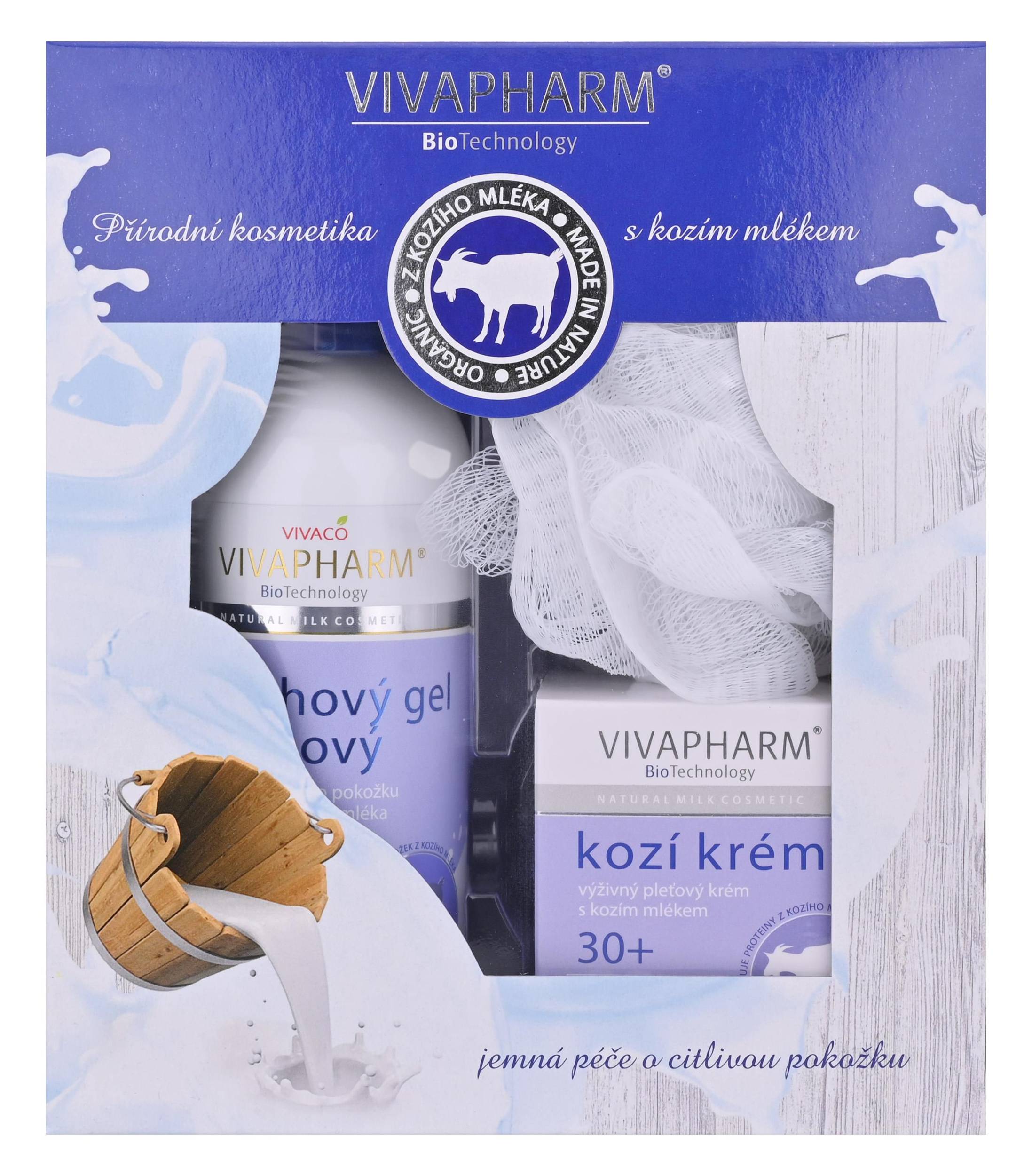 Vivaco Dárková kazeta s kozím mlékem, sprchový gel krémový 400 ml + pleťový krém 50 ml + masážní žíňka
