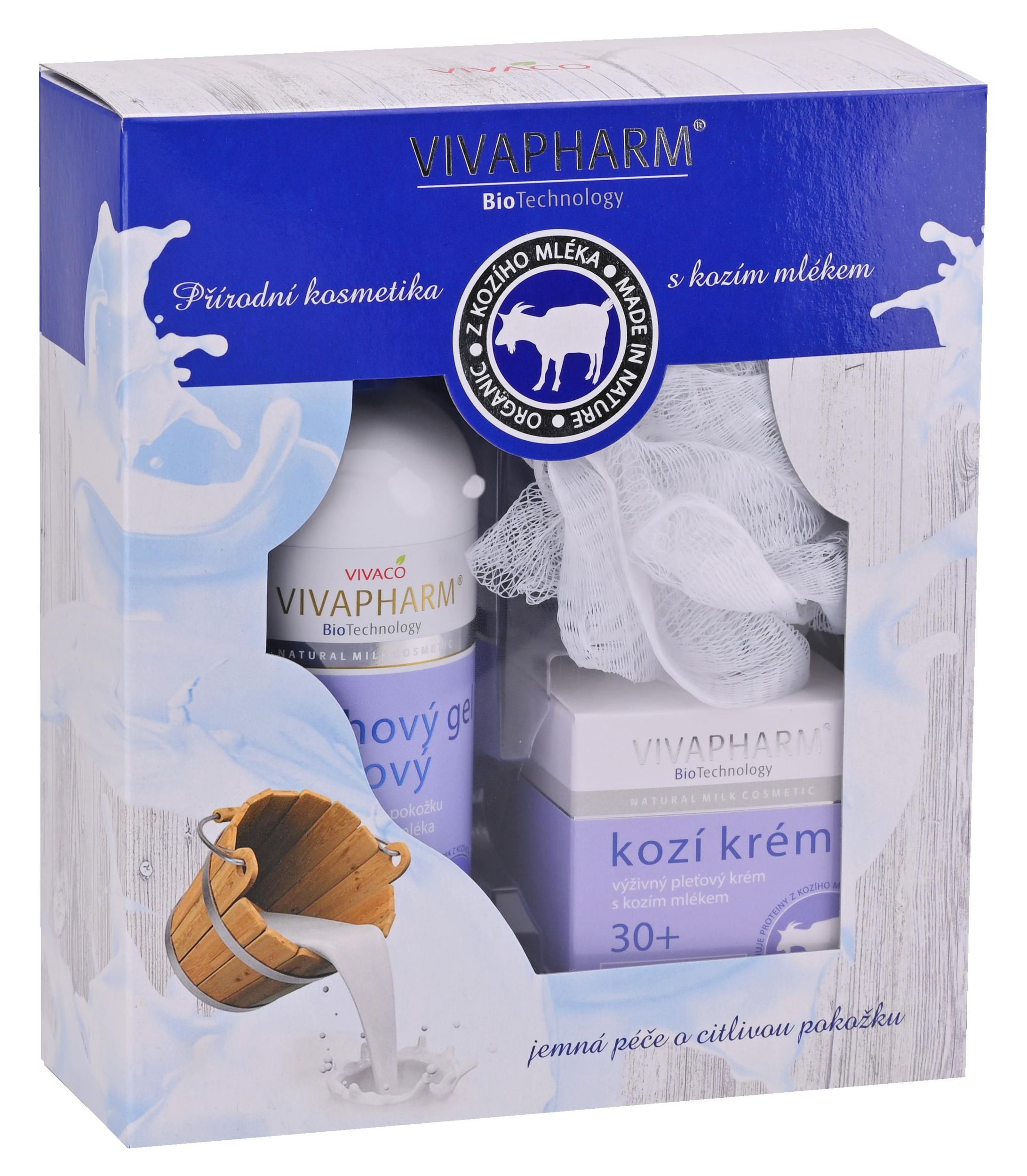 Vivaco Dárková kazeta s kozím mlékem, sprchový gel krémový 400 ml + pleťový krém 50 ml + masážní žíňka-0