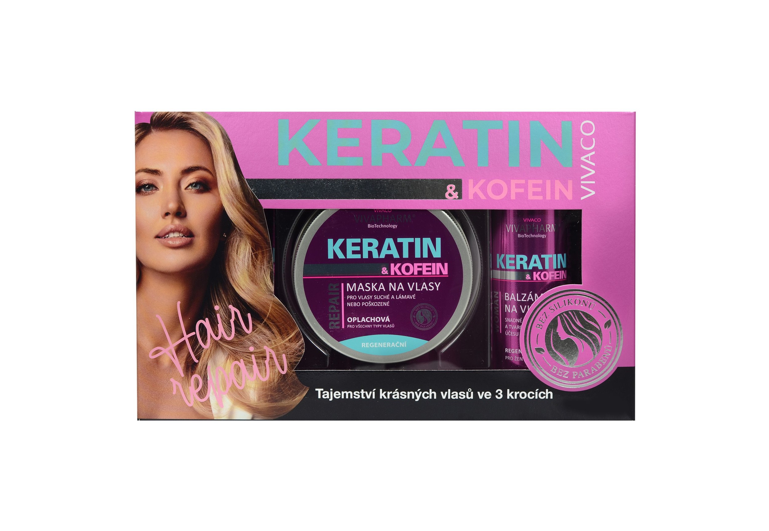 Vivaco Dárková kazeta vlasové péče s keratinem a kofeinem, šampon na vlasy 200 ml + balzám na vlasy 200 ml + vlasová maska 200 ml