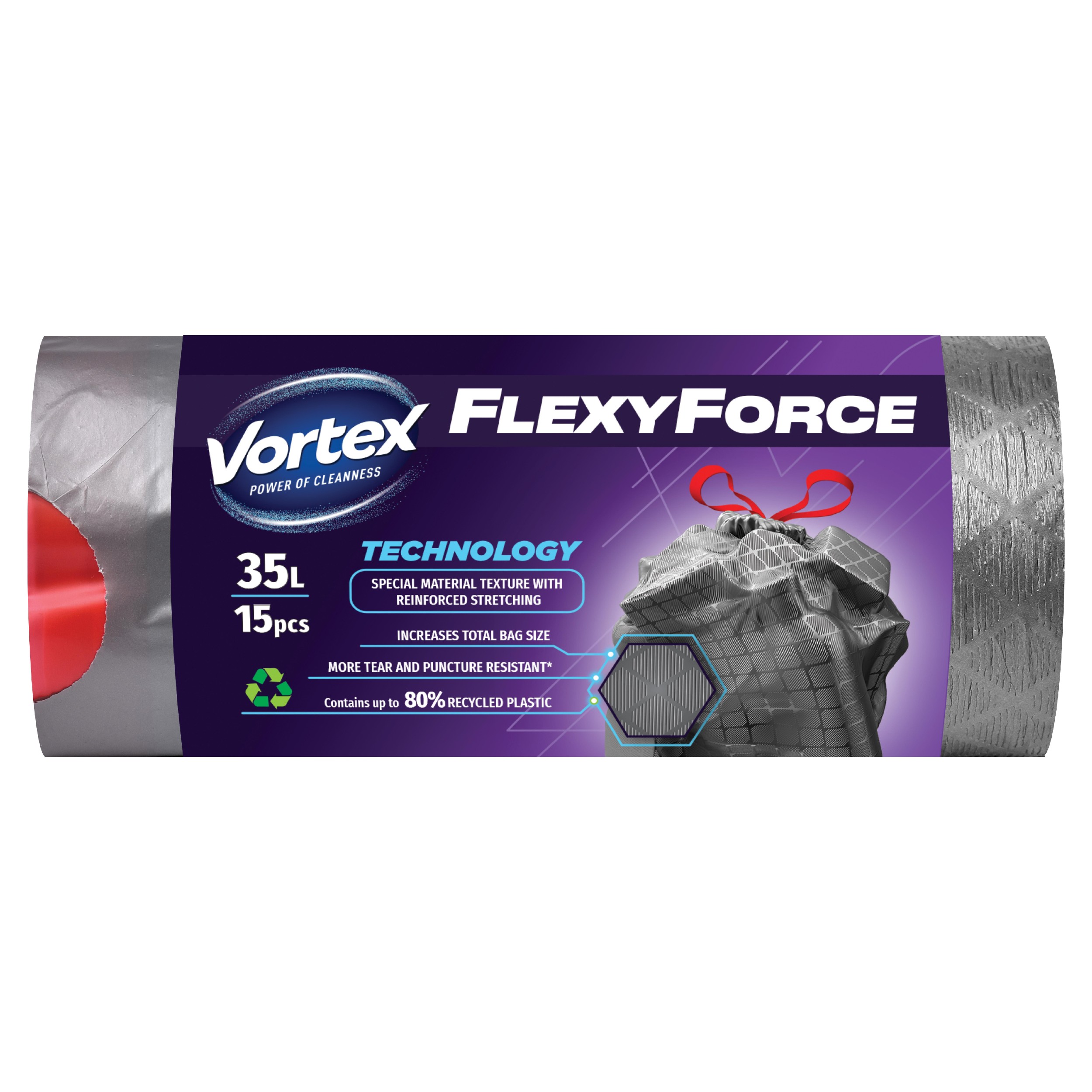 Domácnost a Zahrada - Vortex Pytle na odpadky zatahovací 35 l, 15 ks 2-vrstvá LDPE stříbrnočerná, odnese až 18 kg odpadu, elastické, obsahují min. 80% recyklovaného plastu