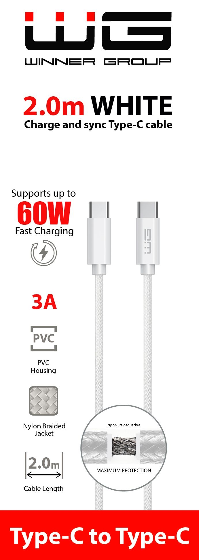 Auto-moto - WG Datový kabel type-C_type-C, 3 A, bílý 2 m