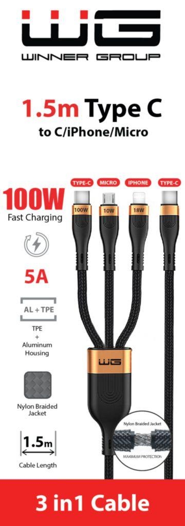 Auto-moto - WG Datový kabel type-C_type-C/Lightning/micro, 5 A, černý, 150 cm