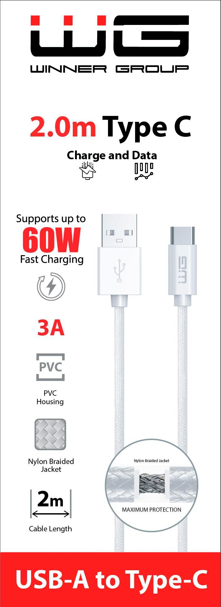 Auto-moto - WG Datový kabel USB-A_type-C, 3 A, bílý, 2 m