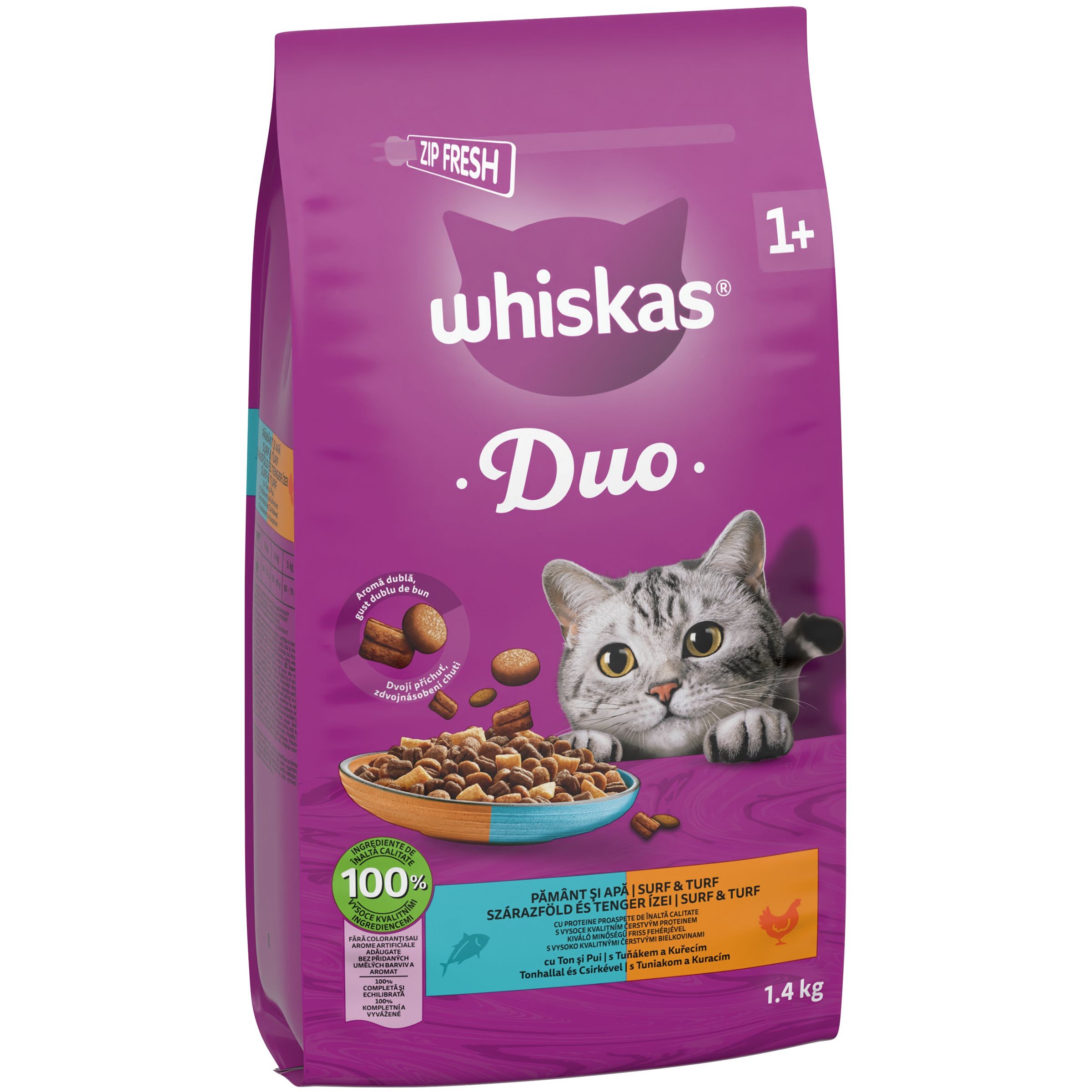 Svět zvířat - Whiskas granule DUO tuňák a kuře 1,4kg
