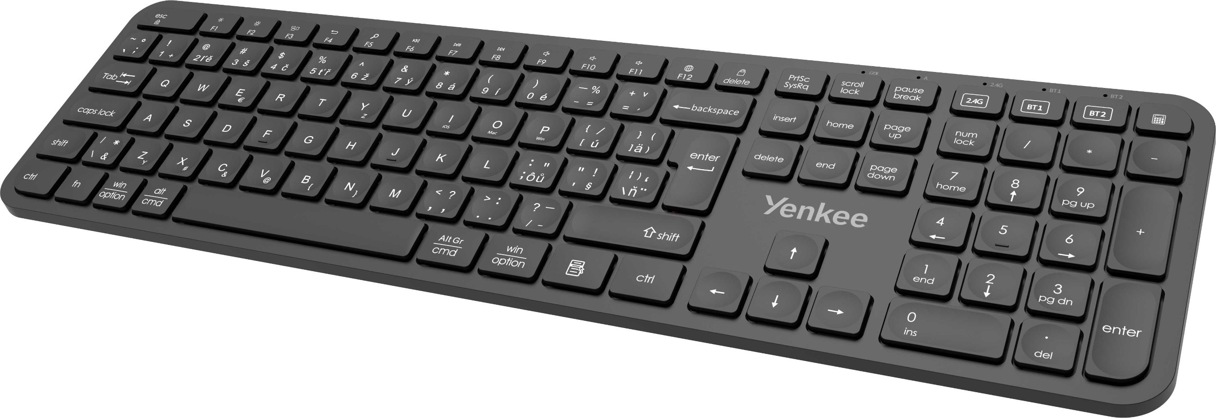 Yenkee YKB 2050CS Dual WL klávesnice EGO, Duální bezdrátová klávesnice EGO pro více zařízení poskytuje standardní připojení 2,4G a dvěma připojeními Bluetooth označenými jako BT1 a BT2-0