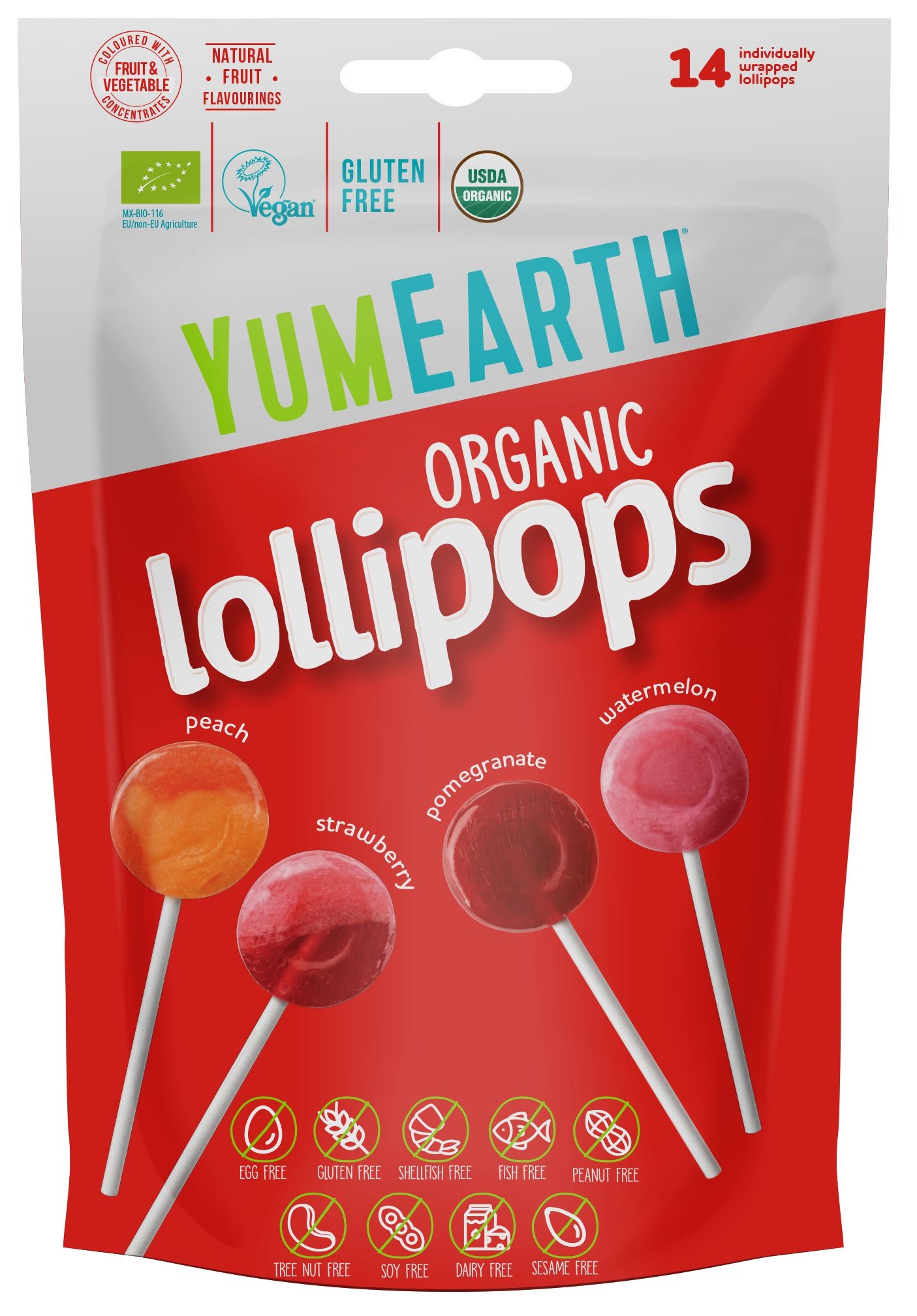 Zdravý svět - YumEarth BIO Ovocná lízátka s příchutí melounu, jahody, broskve a granátového jablka, 14ks, 87g