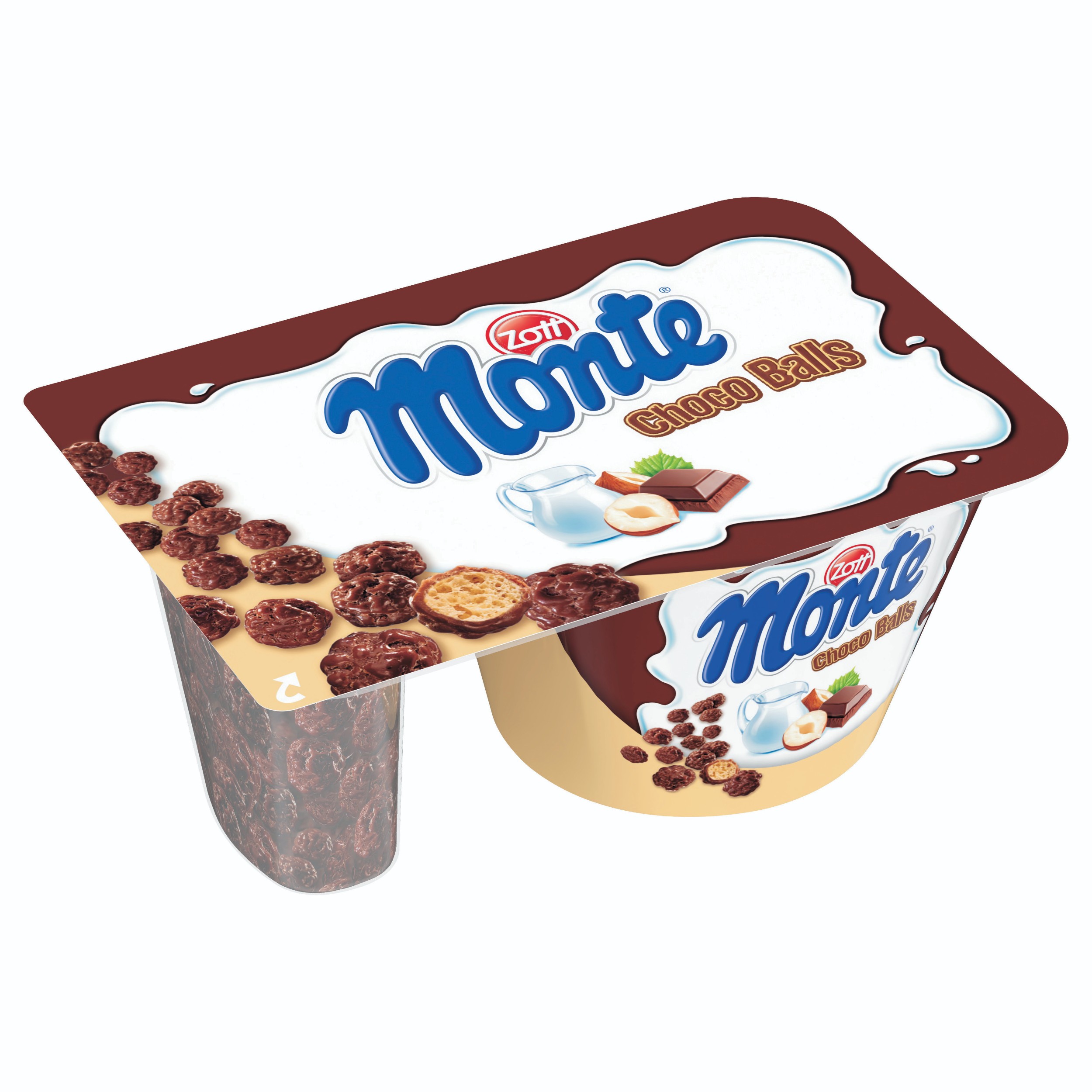 Zott Monte Mléčný dezert čokoládový s lískovými oříšky Choco-Balls/Cacao Cookies 125 g-0