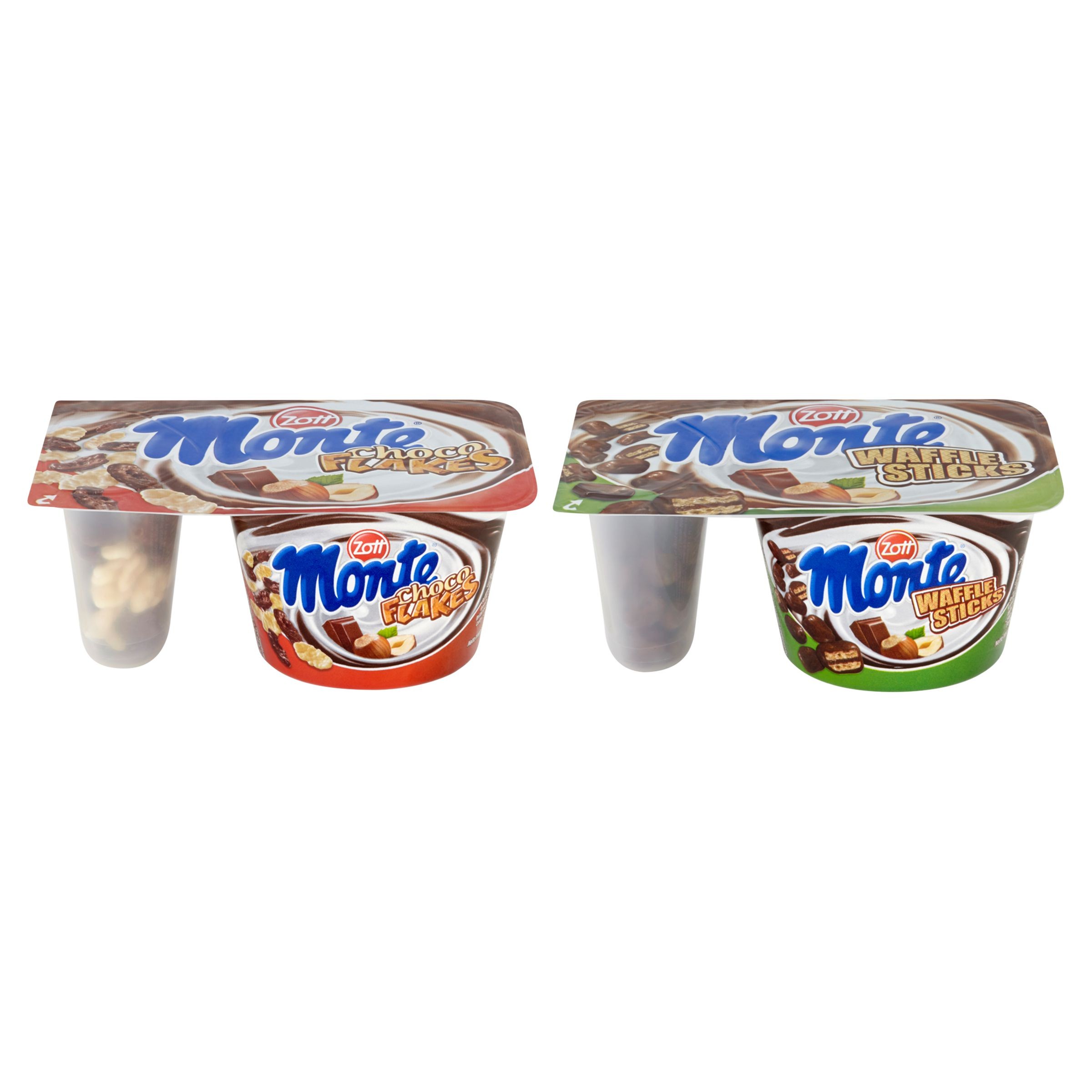 Mléčné a chlazené - Zott Monte Mléčný dezert čokoládový s lískovými oříšky Choco-Flakes/Waffle sticks 125 g