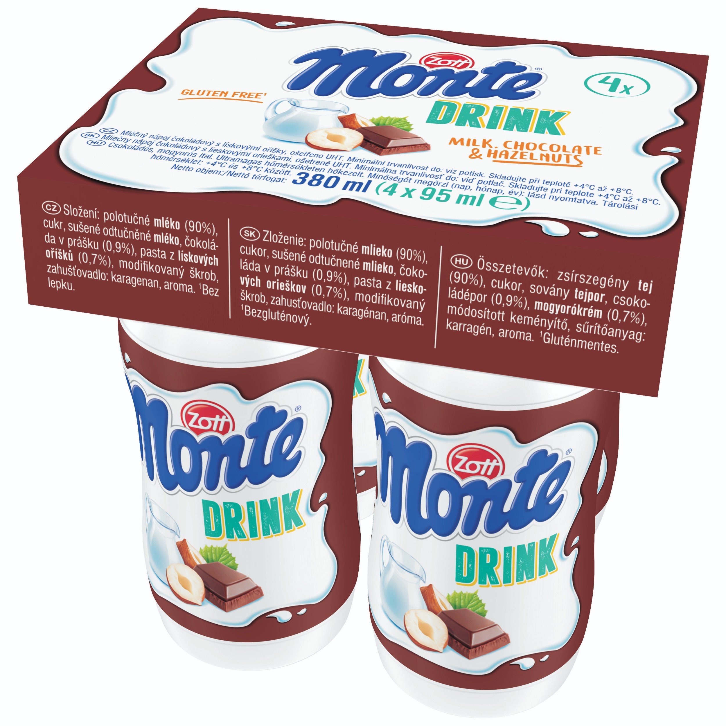 Mléčné a chlazené - Zott Monte Mléčný nápoj čokoládový s lískovými oříšky 4x95 ml